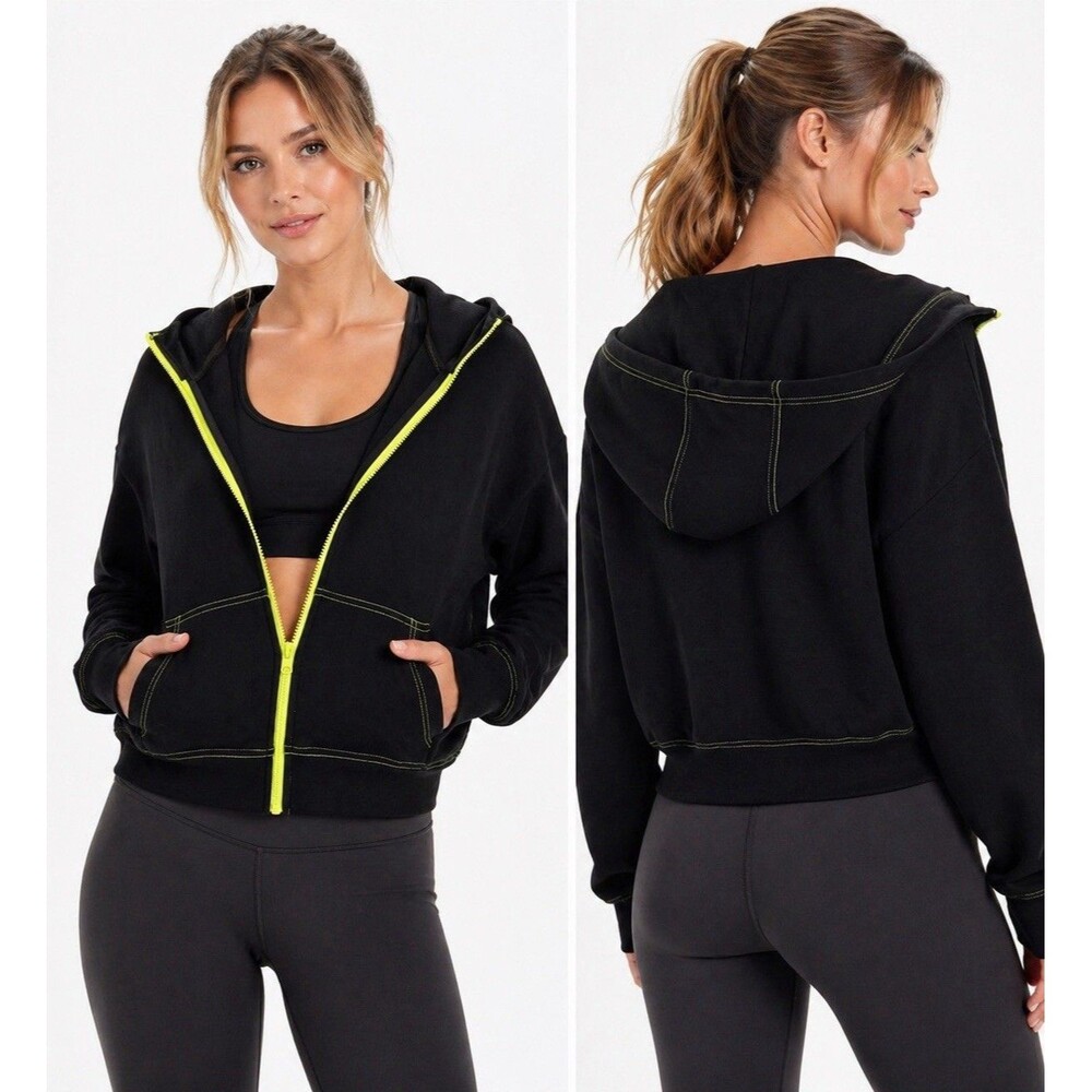 Fabletics Cropped Zip Hoodie Stacey Black Neon Yellow Athleisure Gym Sporty Sz S